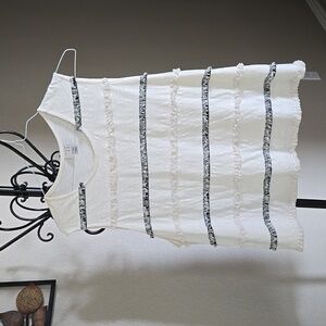 White and Black Cotton Tank with Tassel Accent